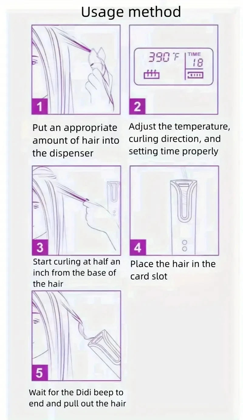 مكواة تجعيد شعر كهربائية لاسلكية محمولة للاستخدام المنزلي، مزودة بـ 6 إعدادات توقيت و6 درجات حرارة، مزودة بإضاءة LED، لتجعيد الشعر أو التموجات.